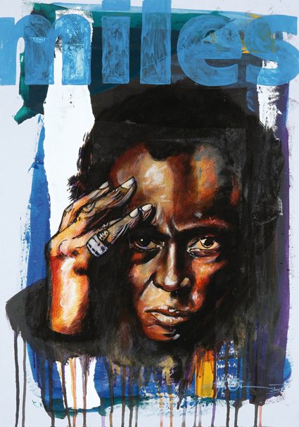 Acryl on cardboard portrait of Miles Davis