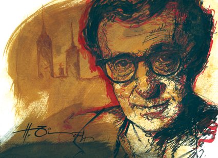 Woody Allen scetch on paper with the new york skyline